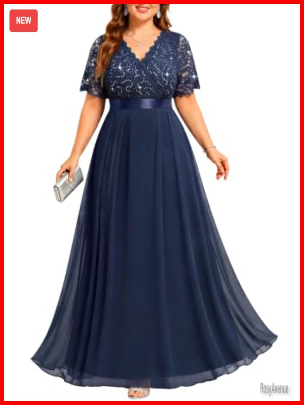 Plus Size Sequin Lace Bodice V-Neck A-Line Chiffon Long Formal Evening Gown